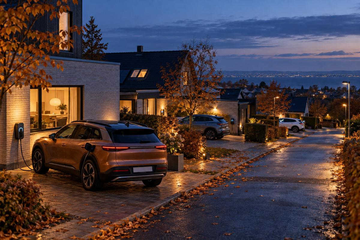 Elbiler i en dansk villagade, hvor en crossover lader ved en bolig